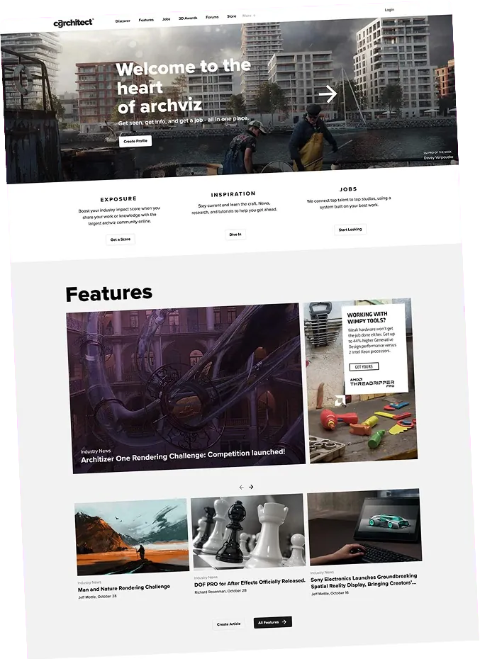 CGArchitect home page on desktop with featured architectural renderings