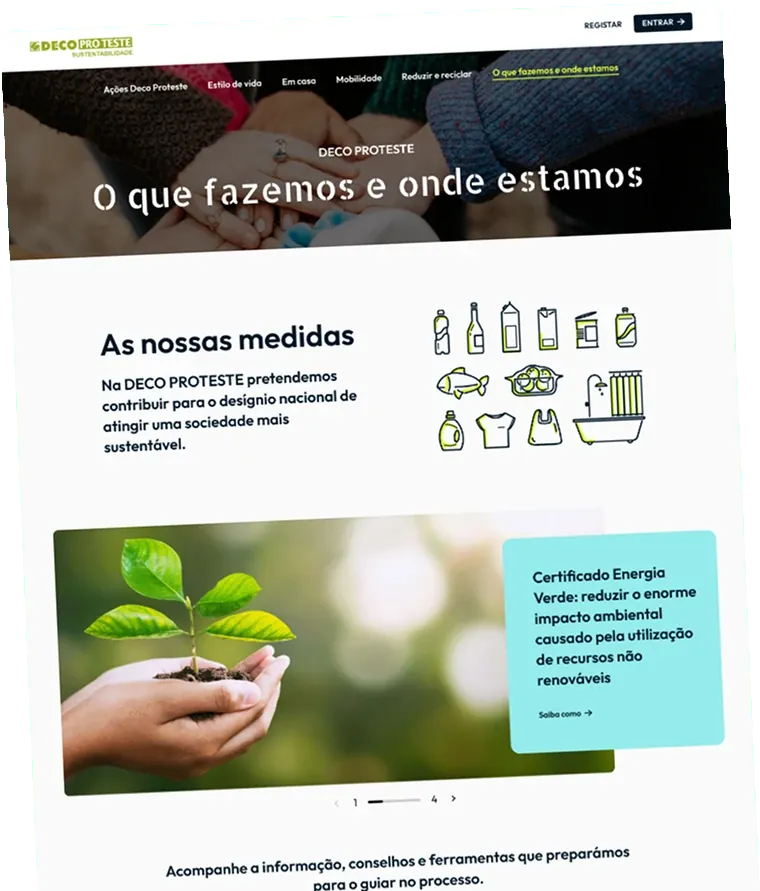 DECO PROteste sustainability site on desktop, showing "O que fazemos e onde estamos"