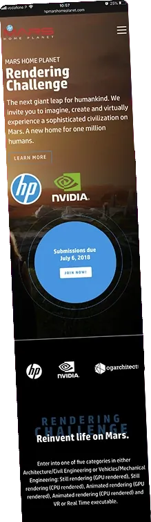 HP Mars Home Planet rendering challenge landing page on a phone