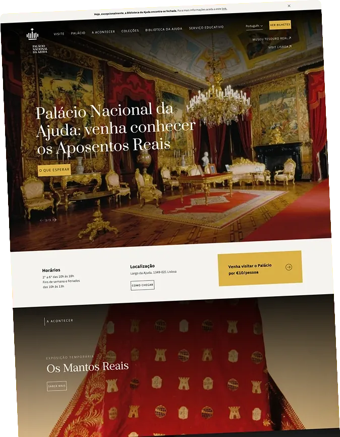 Palácio Nacional da Ajuda home page on desktop, showing the royal apartments