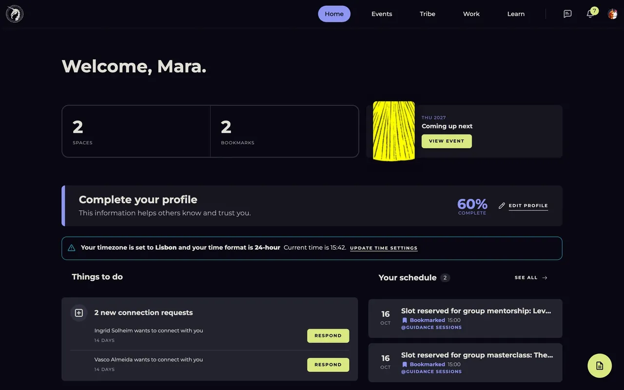 THU member home with the next event, profile progress, connection requests and schedule